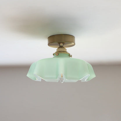 Traditional French Brass Glass Iron Round Folded 1-light Semi-flush Mount Ceiling Light for Hallway