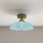 Traditional French Brass Glass Iron Round Folded 1-light Semi-flush Mount Ceiling Light for Hallway BulbSquare