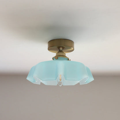 Traditional French Brass Glass Iron Round Folded 1-light Semi-flush Mount Ceiling Light for Hallway