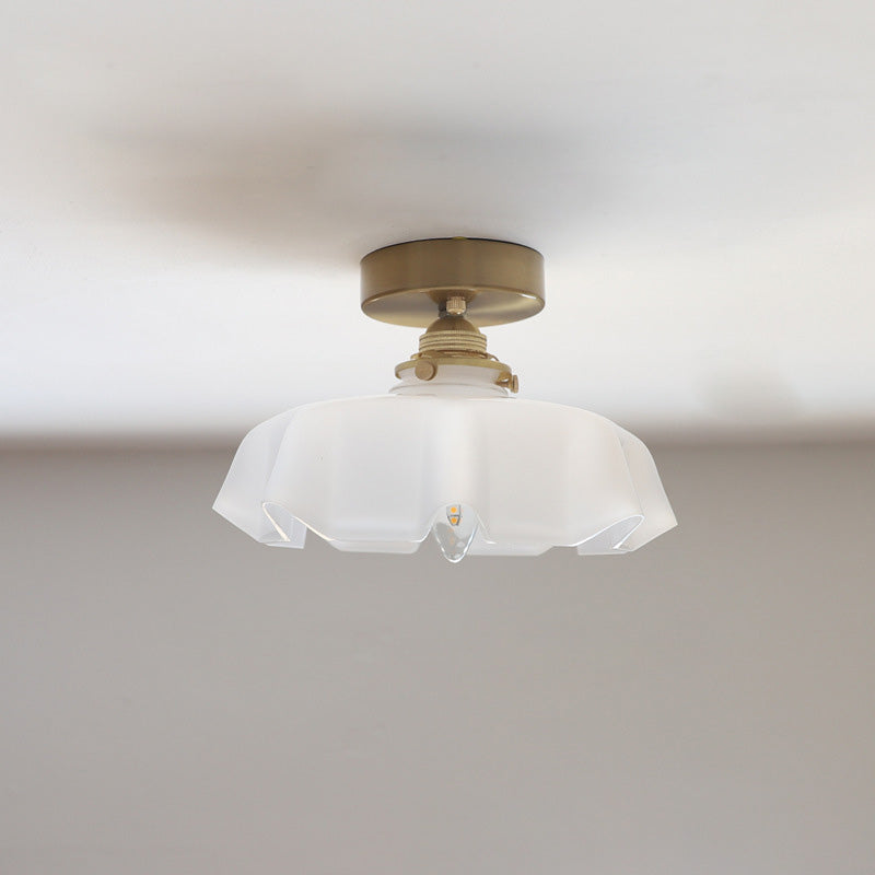Traditional French Brass Glass Iron Round Folded 1-light Semi-flush Mount Ceiling Light for Hallway