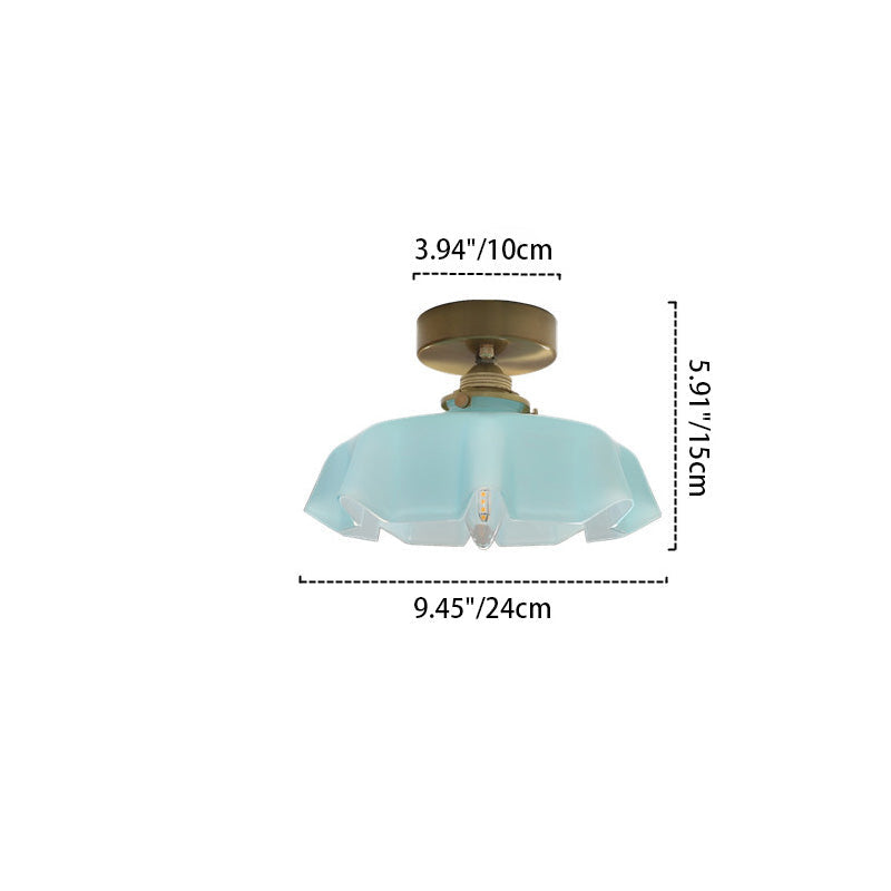 Traditional French Brass Glass Iron Round Folded 1-light Semi-flush Mount Ceiling Light for Hallway