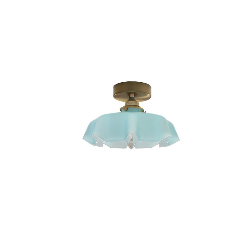 Traditional French Brass Glass Iron Round Folded 1-light Semi-flush Mount Ceiling Light for Hallway