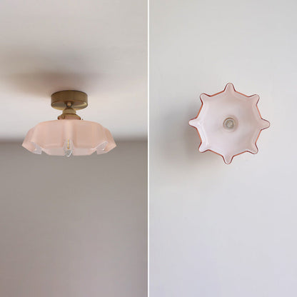 Traditional French Brass Glass Iron Round Folded 1-light Semi-flush Mount Ceiling Light for Hallway