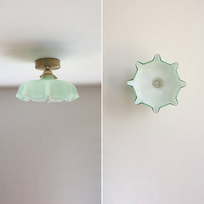 Traditional French Brass Glass Iron Round Folded 1-light Semi-flush Mount Ceiling Light for Hallway