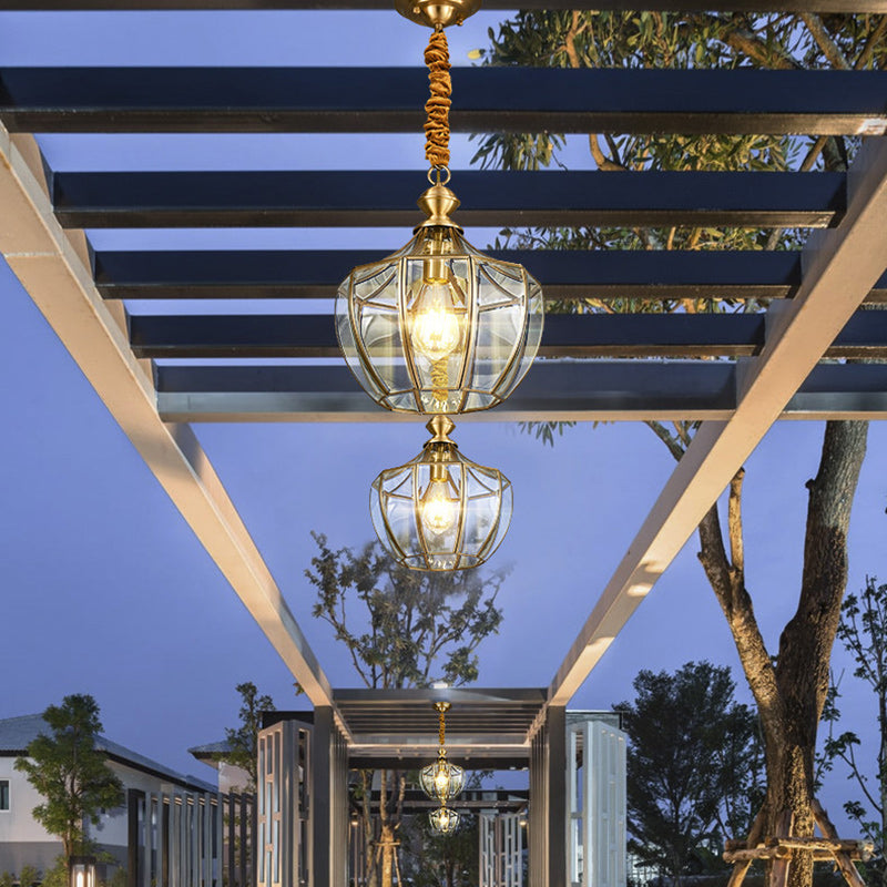 Modern Mid-century Waterproof Copper Glass Cage Rhombic Cylinder 1/3/4 Light Chandeliers for Outdoor Patio