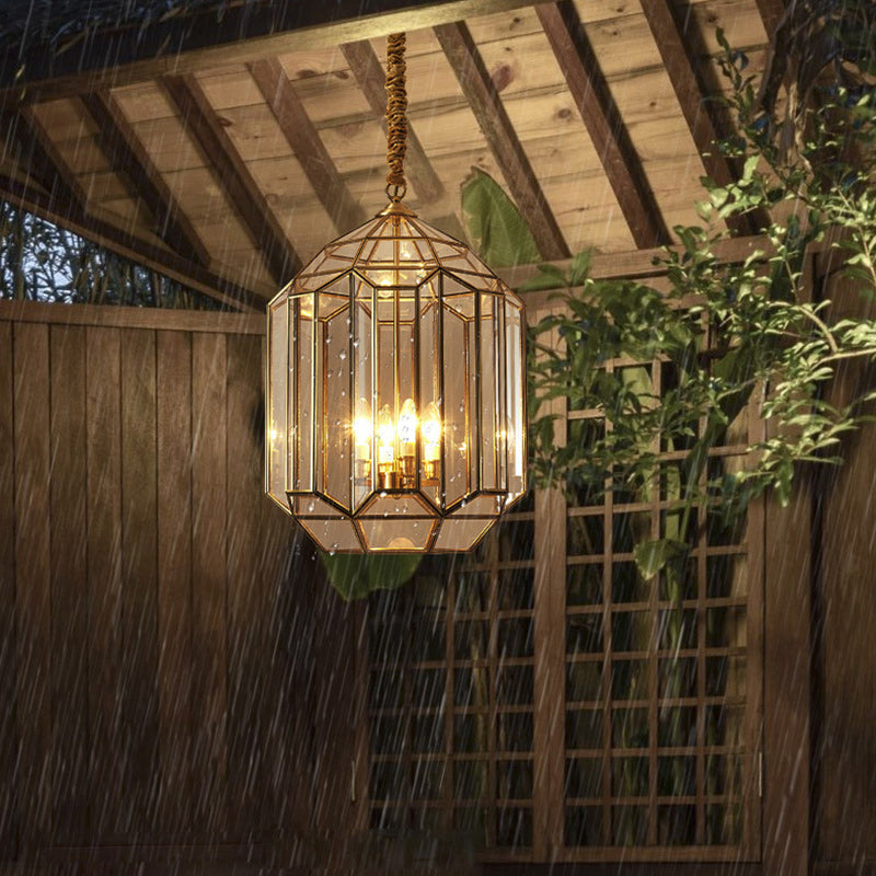 Modern Mid-century Waterproof Copper Glass Cage Rhombic Cylinder 1/3/4 Light Chandeliers for Outdoor Patio