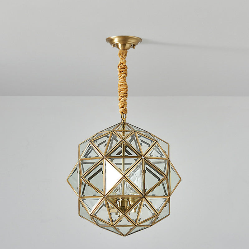 Modern Mid-century Waterproof Copper Glass Cage Rhombic Cylinder 1/3/4 Light Chandeliers for Outdoor Patio