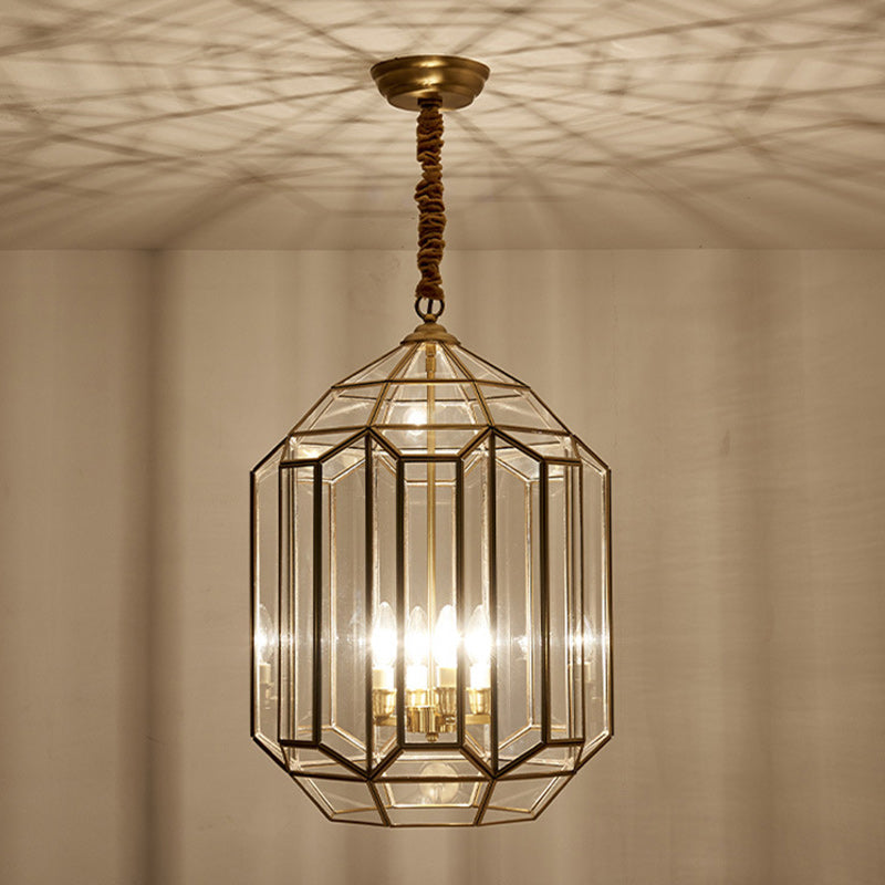 Modern Mid-century Waterproof Copper Glass Cage Rhombic Cylinder 1/3/4 Light Chandeliers for Outdoor Patio