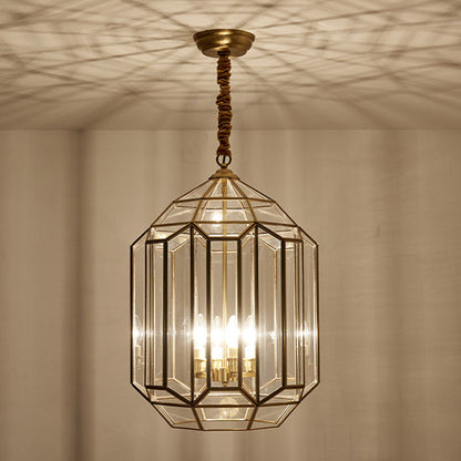 Modern Mid-century Waterproof Copper Glass Cage Rhombic Cylinder 1/3/4 Light Chandeliers for Outdoor Patio