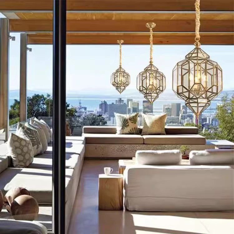 Modern Mid-century Waterproof Copper Glass Cage Rhombic Cylinder 1/3/4 Light Chandeliers for Outdoor Patio