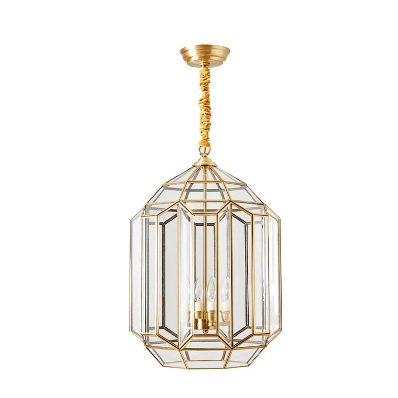 Modern Mid-century Waterproof Copper Glass Cage Rhombic Cylinder 1/3/4 Light Chandeliers for Outdoor Patio