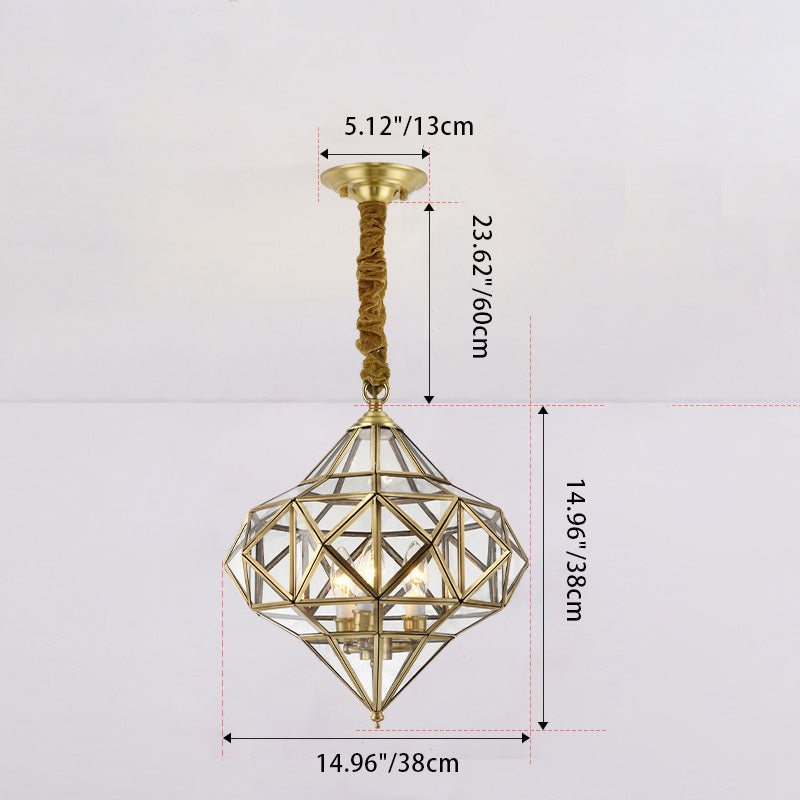 Modern Mid-century Waterproof Copper Glass Cage Rhombic Cylinder 1/3/4 Light Chandeliers for Outdoor Patio