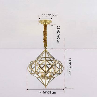 Modern Mid-century Waterproof Copper Glass Cage Rhombic Cylinder 1/3/4 Light Chandeliers for Outdoor Patio