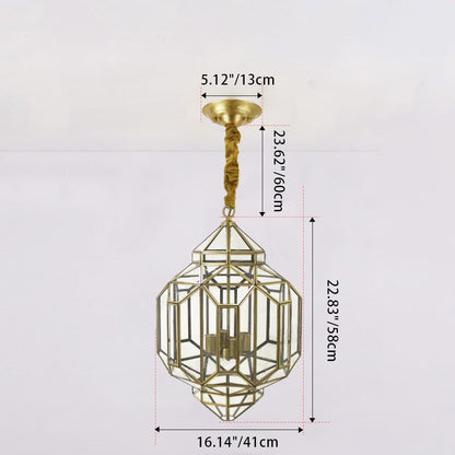 Modern Mid-century Waterproof Copper Glass Cage Rhombic Cylinder 1/3/4 Light Chandeliers for Outdoor Patio
