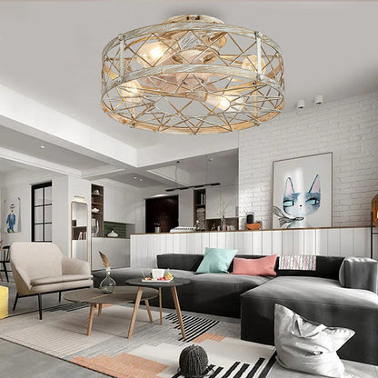 Contemporary Industrial Round Caged Metal 4-Light Semi-Flush Mount Ceiling Fan Light Living Room
