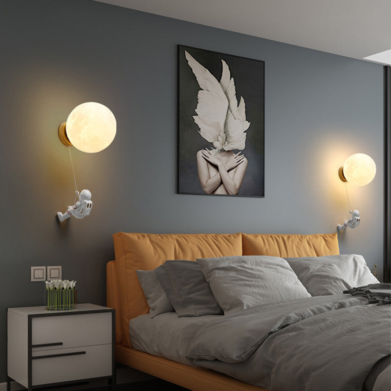 Lumendat Contemporary Nordic Kids Resin Glass Ball Astronaut Lunar Planet 1-Light Wall Sconce Lamp For Bedside Lumendat