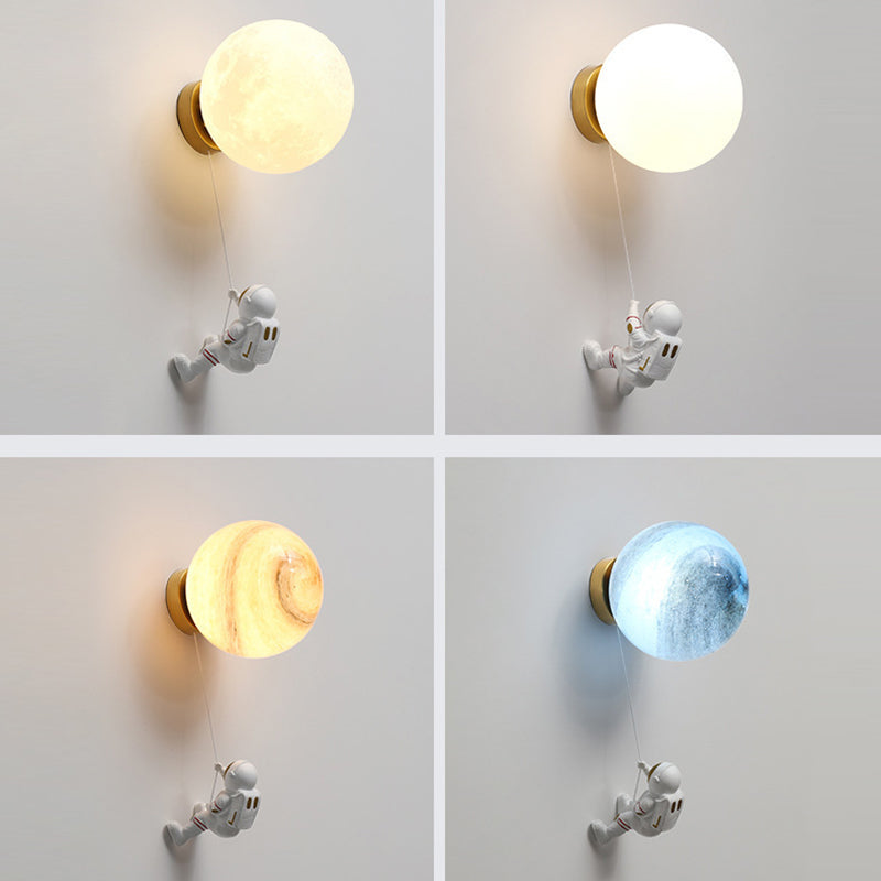 Lumendat Contemporary Nordic Kids Resin Glass Ball Astronaut Lunar Planet 1-Light Wall Sconce Lamp For Bedside Lumendat