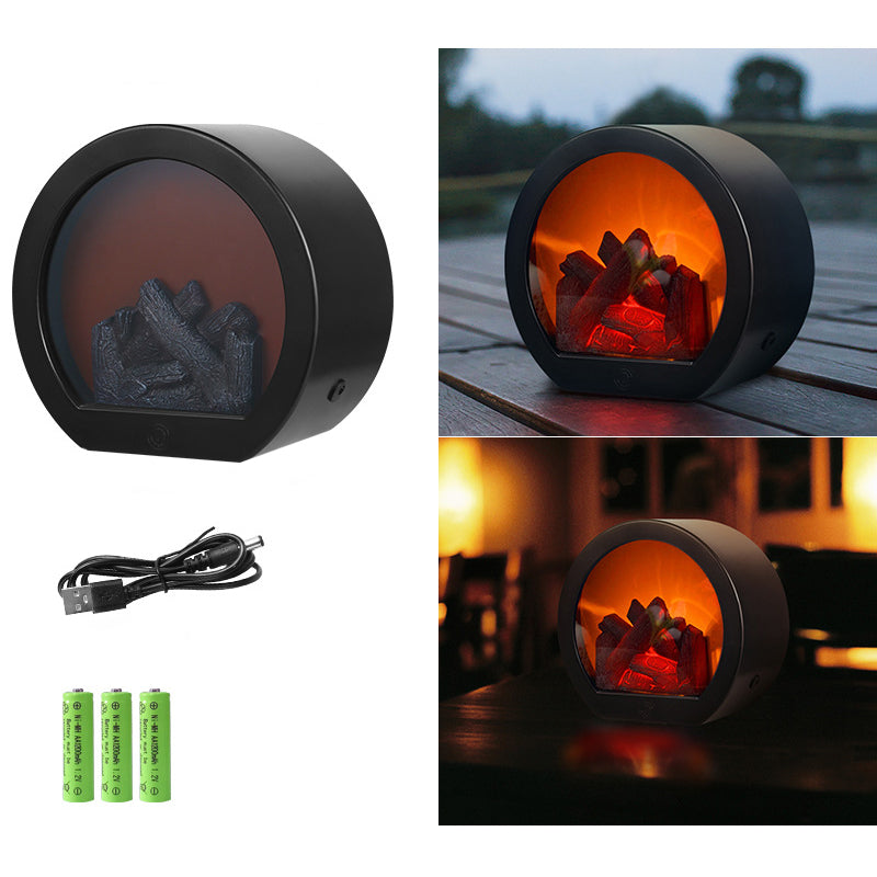 Contemporary Retro ABS Simulated Flame Fireplace Round Battery Rectangular LED Table Lamp For Living Room Lumendat