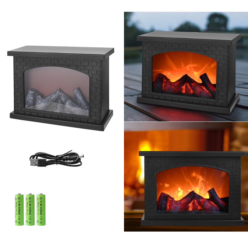 Contemporary Retro ABS Simulated Flame Fireplace Round Battery Rectangular LED Table Lamp For Living Room Lumendat