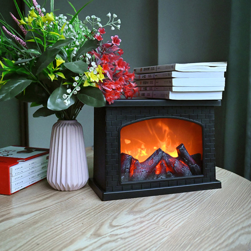 Contemporary Retro ABS Simulated Flame Fireplace Round Battery Rectangular LED Table Lamp For Living Room Lumendat
