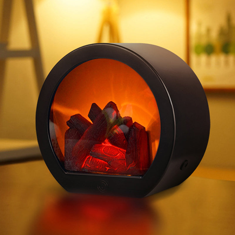 Contemporary Retro ABS Simulated Flame Fireplace Round Battery Rectangular LED Table Lamp For Living Room Lumendat