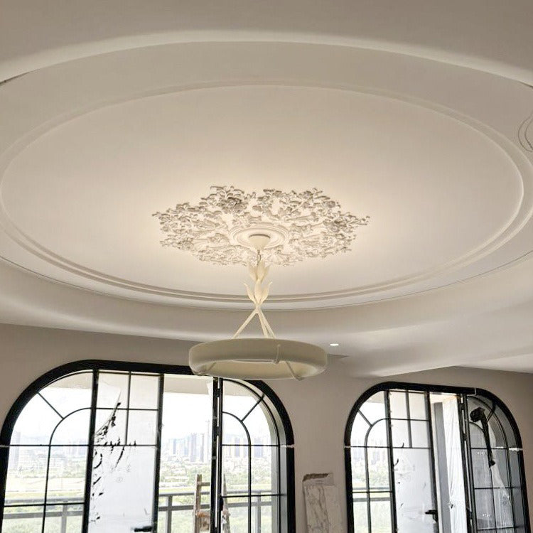 Traditional French Metal Resin Round Carved Floral LED Chandeliers for Living Room BulbSquare