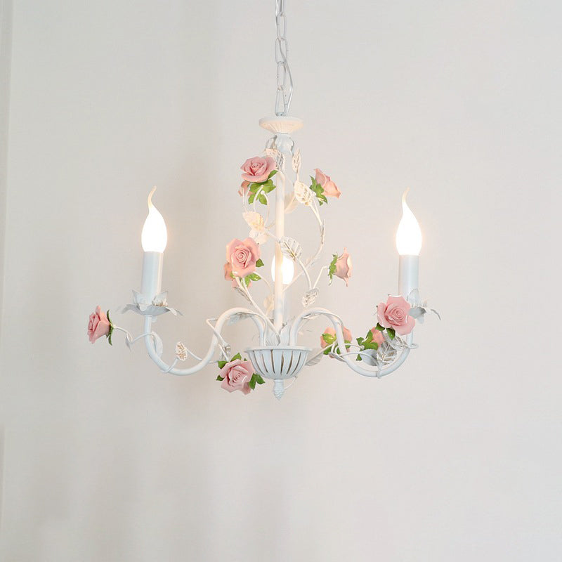 Traditional French Iron Ceramic Rose Branch Candlestick 3/6/8 Light Chandeliers for Living Room