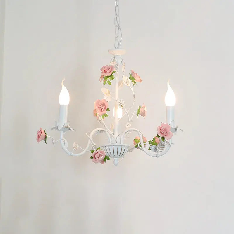 Traditional French Iron Ceramic Rose Branch Candlestick 3/6/8 Light Chandeliers for Living Room Lumendat