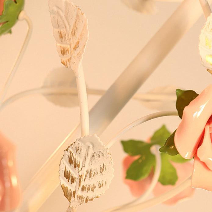 Traditional French Iron Ceramic Rose Branch Candlestick 3/6/8 Light Chandeliers for Living Room