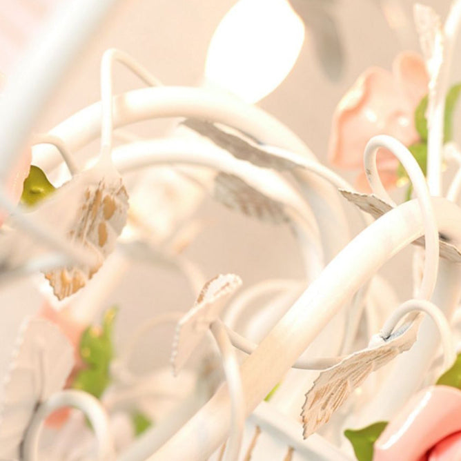 Traditional French Iron Ceramic Rose Branch Candlestick 3/6/8 Light Chandeliers for Living Room