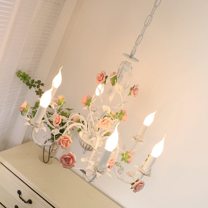 Traditional French Iron Ceramic Rose Branch Candlestick 3/6/8 Light Chandeliers for Living Room