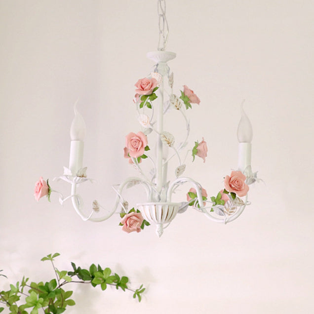 Traditional French Iron Ceramic Rose Branch Candlestick 3/6/8 Light Chandeliers for Living Room