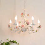 Traditional French Iron Ceramic Rose Branch Candlestick 3/6/8 Light Chandeliers for Living Room Lumendat