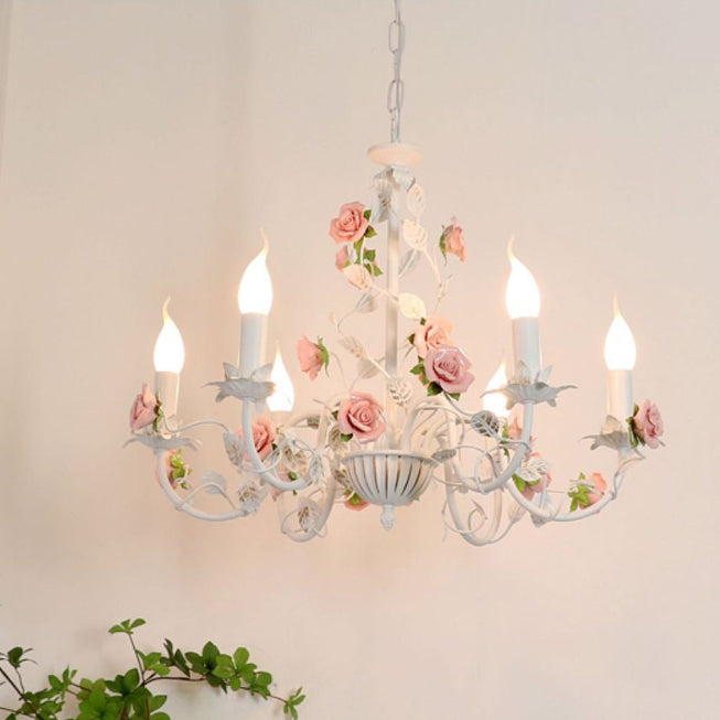 Traditional French Iron Ceramic Rose Branch Candlestick 3/6/8 Light Chandeliers for Living Room