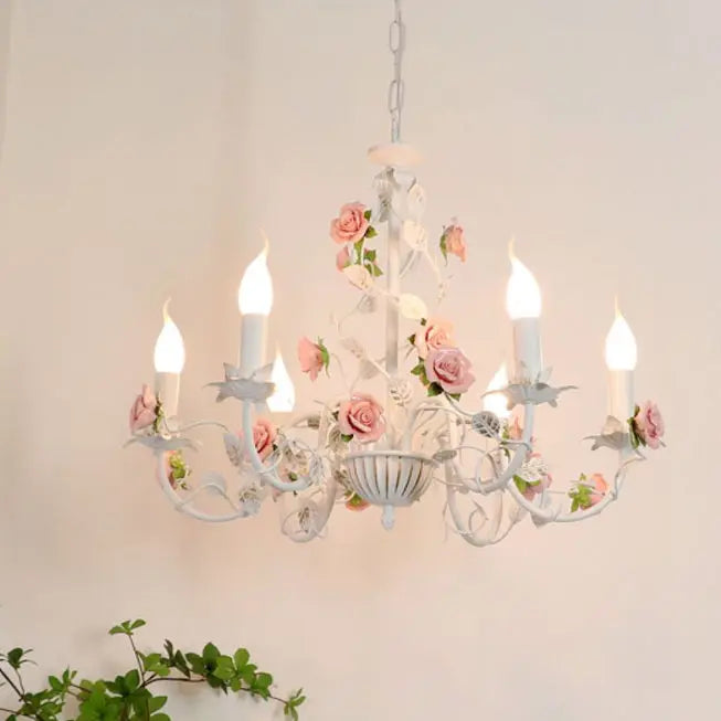 Traditional French Iron Ceramic Rose Branch Candlestick 3/6/8 Light Chandeliers for Living Room Lumendat