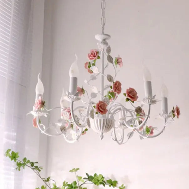 Traditional French Iron Ceramic Rose Branch Candlestick 3/6/8 Light Chandeliers for Living Room Lumendat