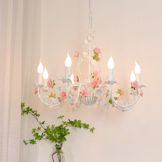 Traditional French Iron Ceramic Rose Branch Candlestick 3/6/8 Light Chandeliers for Living Room