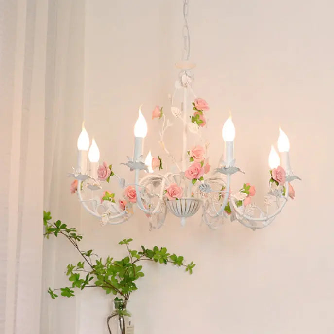 Traditional French Iron Ceramic Rose Branch Candlestick 3/6/8 Light Chandeliers for Living Room Lumendat