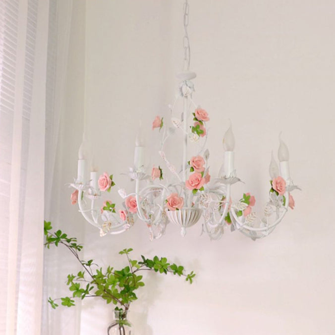 Traditional French Iron Ceramic Rose Branch Candlestick 3/6/8 Light Chandeliers for Living Room