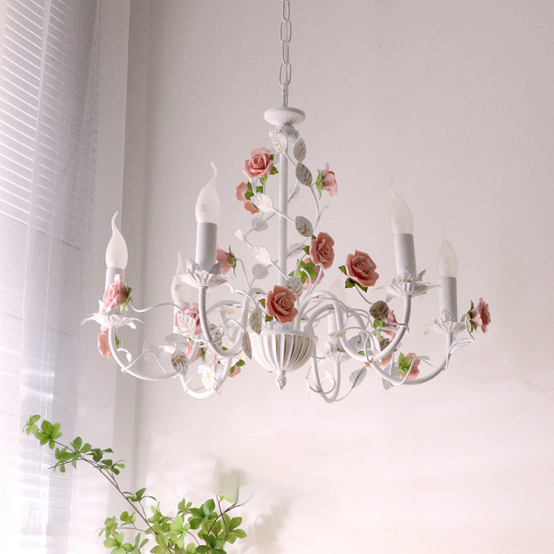 Traditional French Iron Ceramic Rose Branch Candlestick 3/6/8 Light Chandeliers for Living Room
