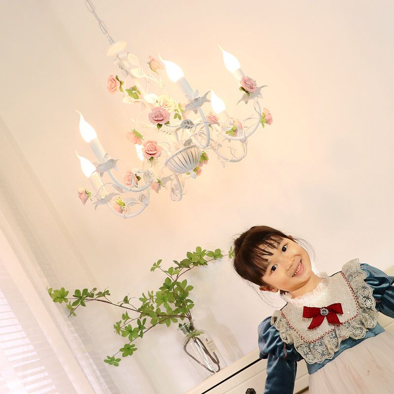 Traditional French Iron Ceramic Rose Branch Candlestick 3/6/8 Light Chandeliers for Living Room