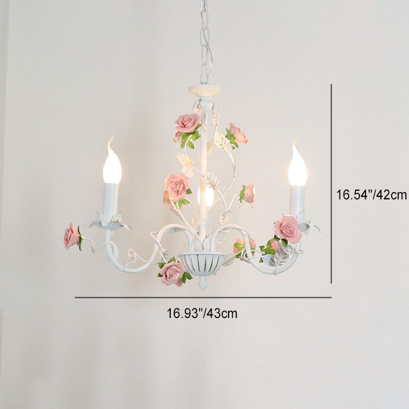 Traditional French Iron Ceramic Rose Branch Candlestick 3/6/8 Light Chandeliers for Living Room