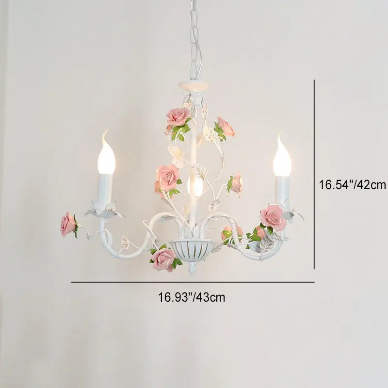 Traditional French Iron Ceramic Rose Branch Candlestick 3/6/8 Light Chandeliers for Living Room Lumendat