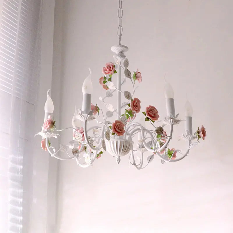 Traditional French Iron Ceramic Rose Branch Candlestick 3/6/8 Light Chandeliers for Living Room Lumendat