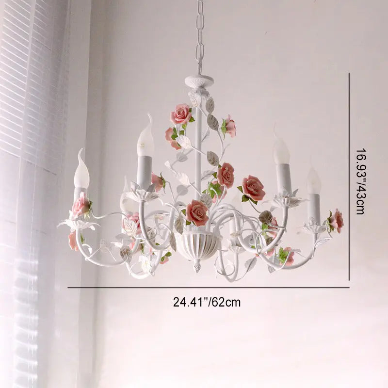 Traditional French Iron Ceramic Rose Branch Candlestick 3/6/8 Light Chandeliers for Living Room Lumendat