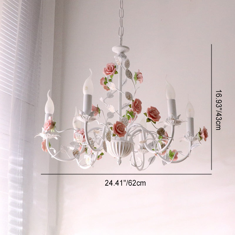 Traditional French Iron Ceramic Rose Branch Candlestick 3/6/8 Light Chandeliers for Living Room