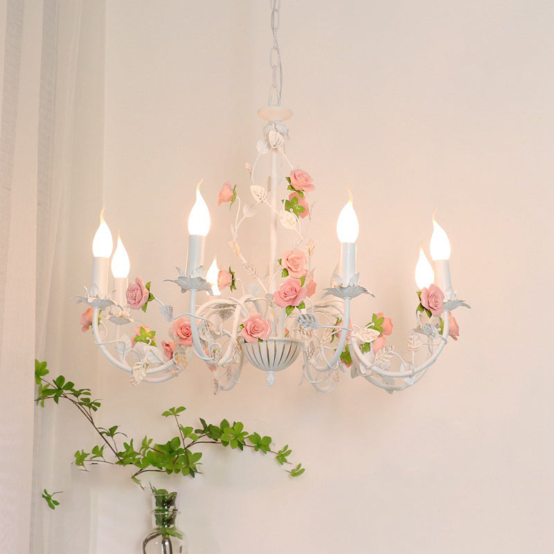Traditional French Iron Ceramic Rose Branch Candlestick 3/6/8 Light Chandeliers for Living Room