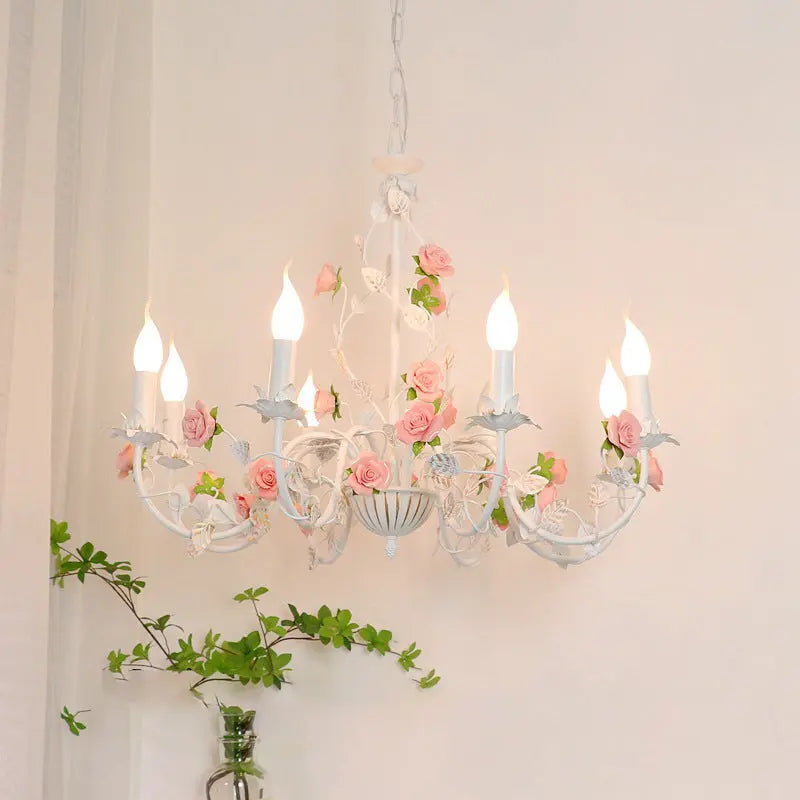 Traditional French Iron Ceramic Rose Branch Candlestick 3/6/8 Light Chandeliers for Living Room modern luxury lighting fixtur