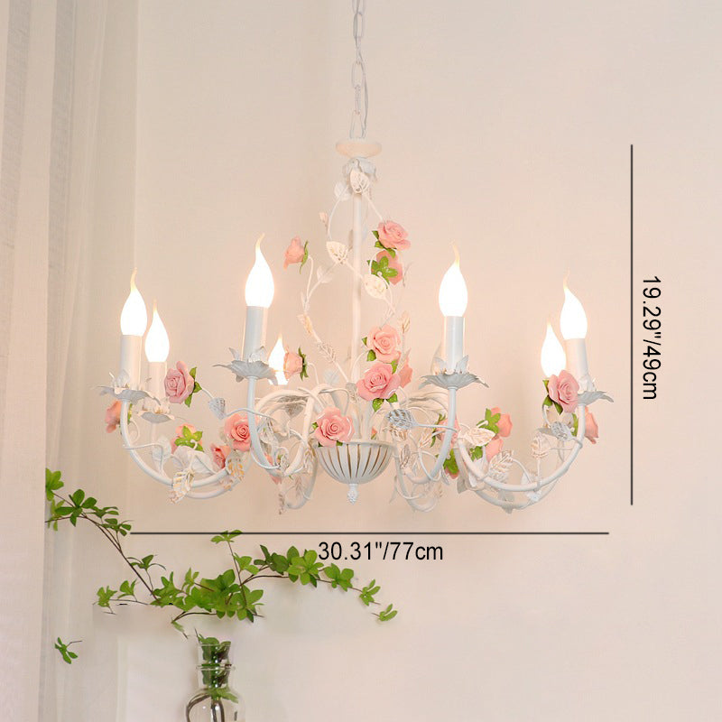Traditional French Iron Ceramic Rose Branch Candlestick 3/6/8 Light Chandeliers for Living Room