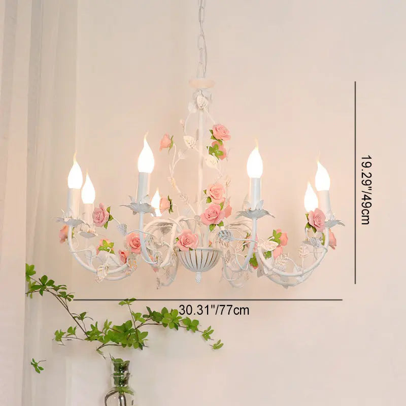 Traditional French Iron Ceramic Rose Branch Candlestick 3/6/8 Light Chandeliers for Living Room Lumendat